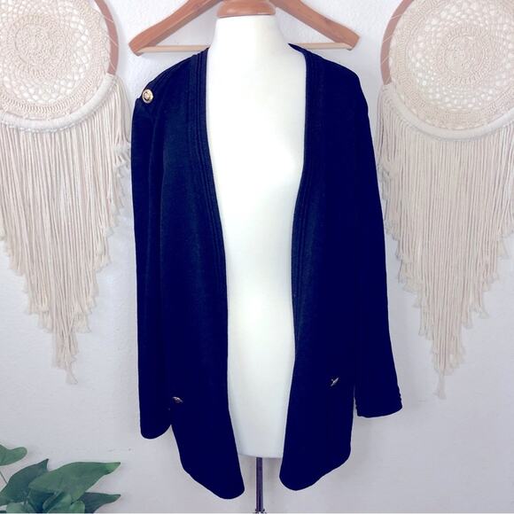 St John gold button detail black Santana knit long line cardigan medium
